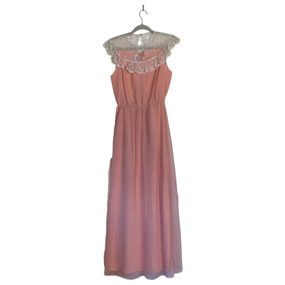 Vintage 70s Dessy Creations Peach Lace Maxi Dress Long Gown Size 8 Retro Formal